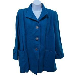 Vintage Teal Wool Button-Up Coat With Pockets & Cuffed Sleeves 70's 80's